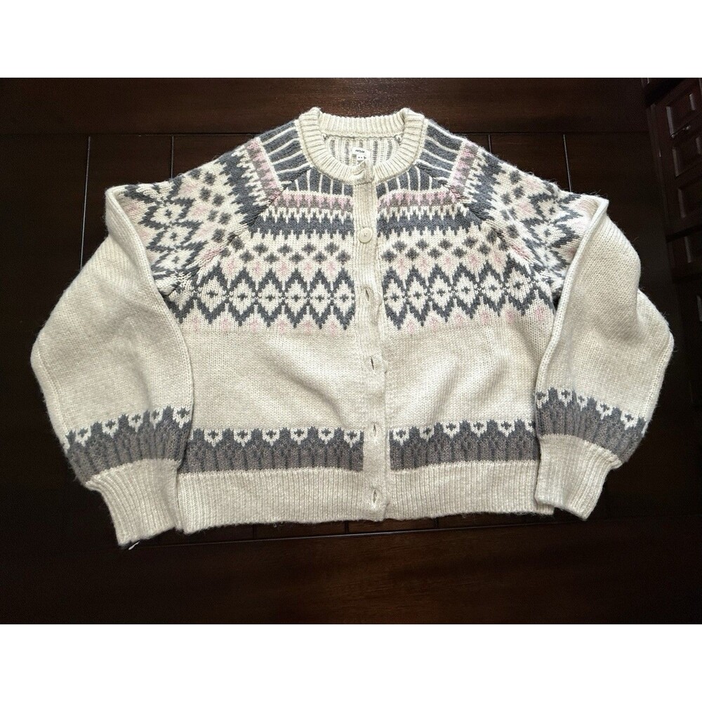🔥NEW Aerie M Knit Cardigan Fair Isle Button Front Cozy Sweater Cabincore Chunky